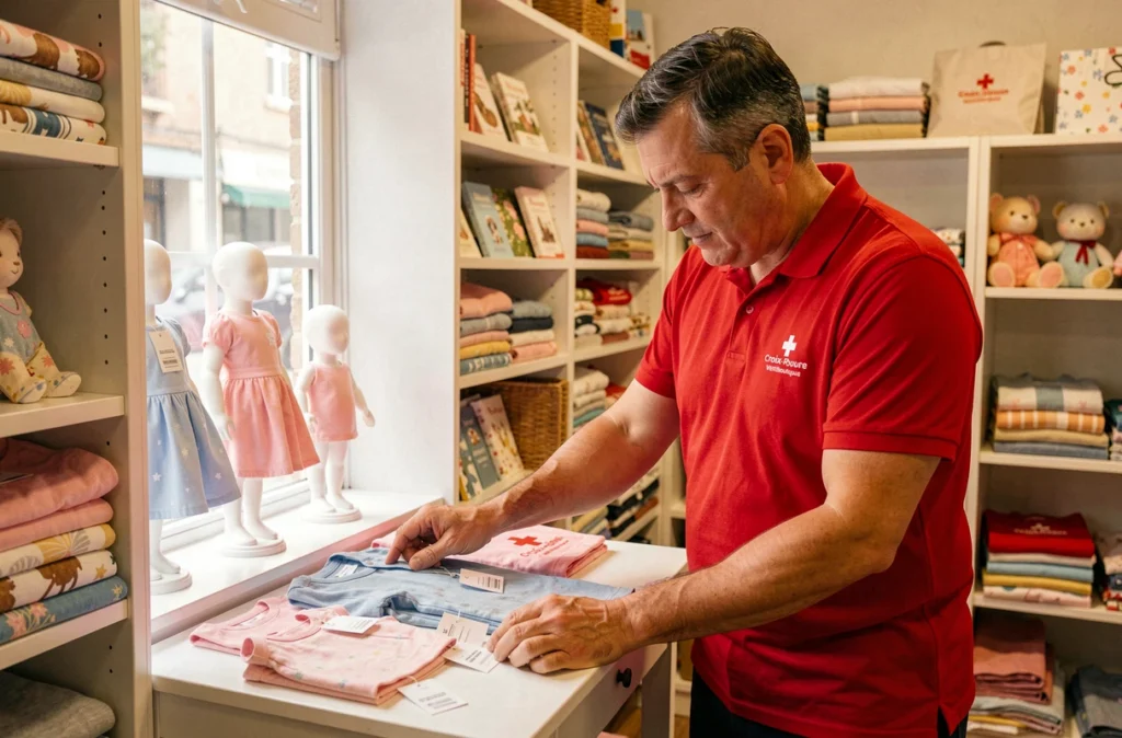 Bénévole de la Vestiboutique Croix-Rouge étiquetant des vêtements dans la boutique solidaire d'Alès