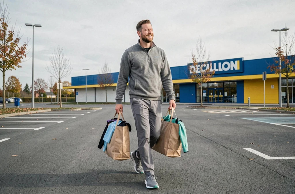 Homme en tenue streetwear sportif quittant le Decathlon d'Ancenis-Saint Géréon dans une zone périurbaine de Loire-Atlantique