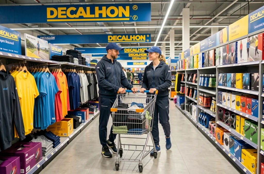 Couple en tenue sport et streetwear faisant leurs achats dans les rayons du Decathlon Angers Beaucouzé en Maine-et-Loire