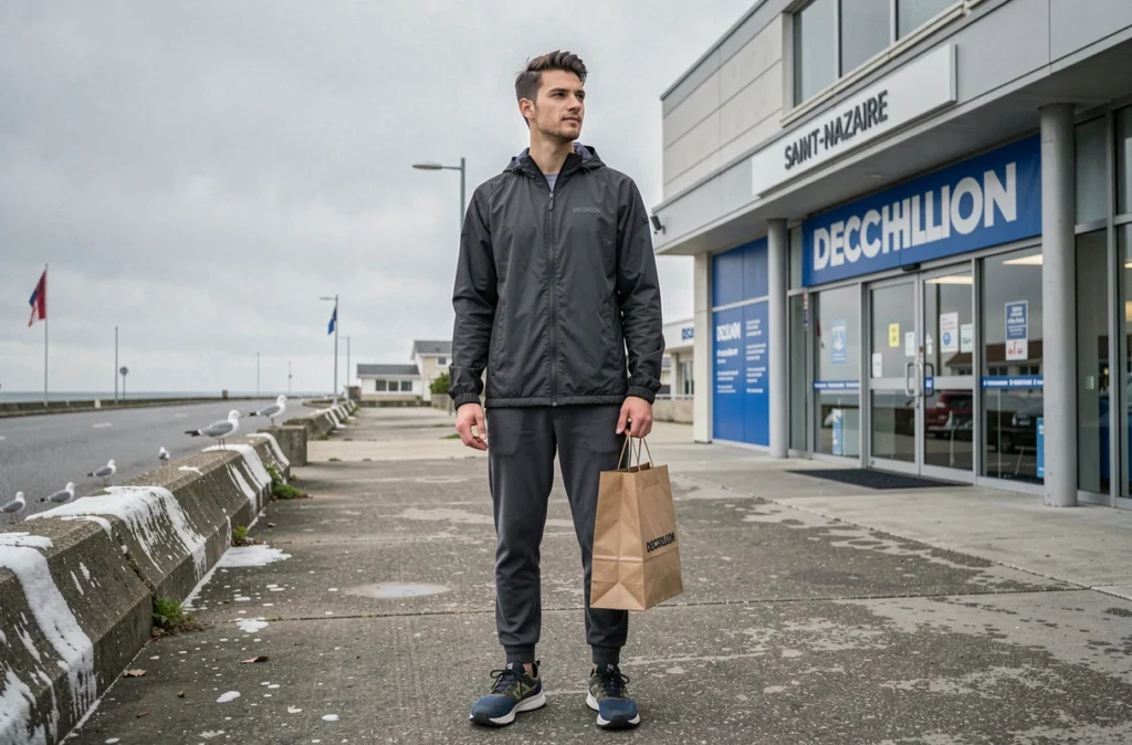 Jeune homme en tenue streetwear sportive devant le Decathlon de Saint-Nazaire avec le littoral atlantique en toile de fond
