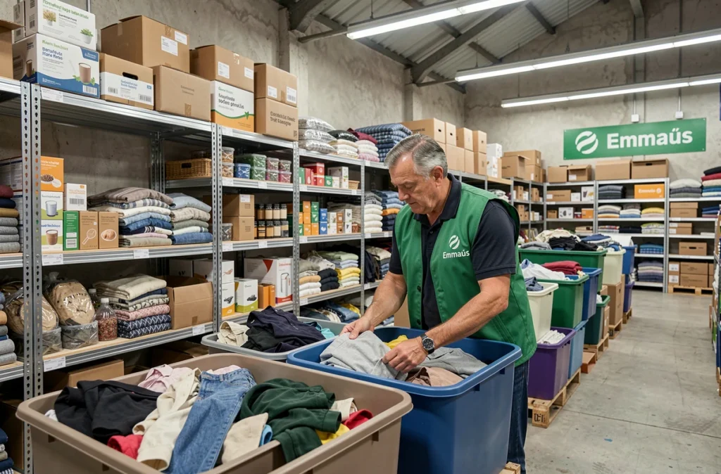 Bénévole Emmaüs triant des vêtements donnés dans l'entrepôt solidaire d'Emmaüs Nîmes