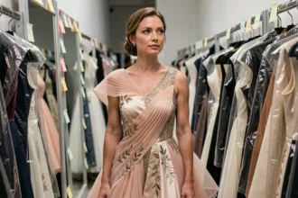 Femme en robe haute couture sculptée backstage d'un défilé de mode, entourée de portants et de miroirs coulisses