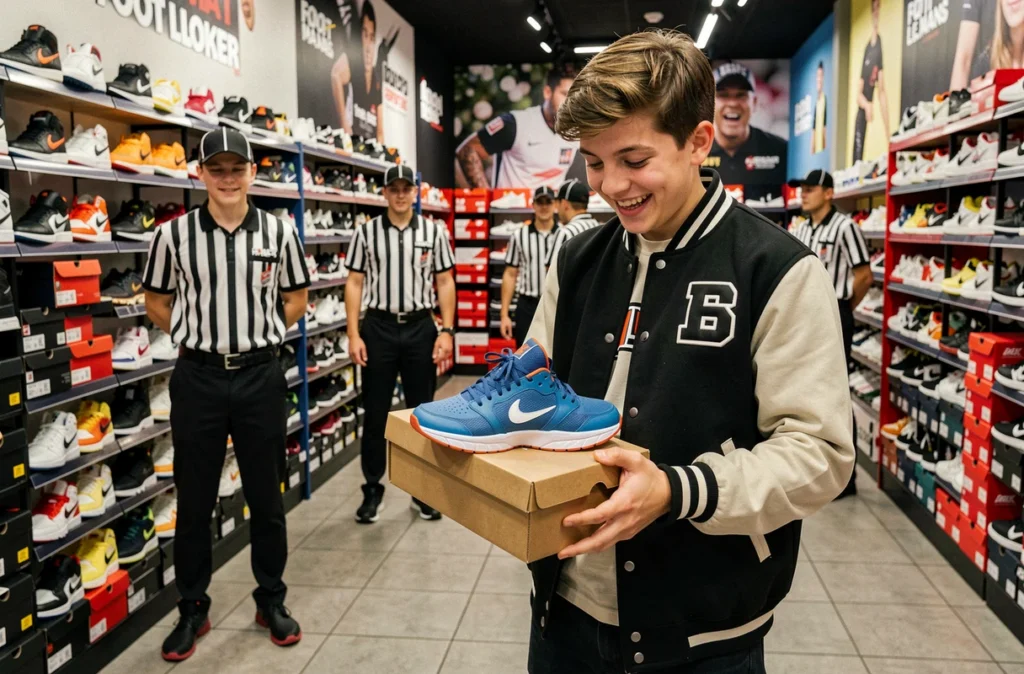 Adolescent enthousiaste découvrant des sneakers dans un magasin Foot Locker au Mans, incarnant la culture streetwear