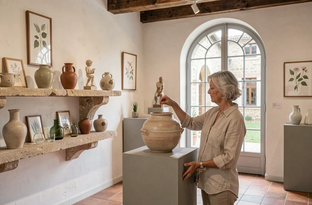 Galerie d'art décoratif à Amboise avec céramiques sculptées et objets en verre soufflé sur des étagères en pierre de tuffeau