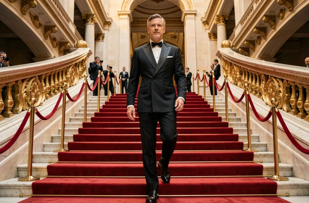 Homme en smoking sur mesure montant un grand escalier de tapis rouge lors d'une cérémonie de gala dans un opéra historique