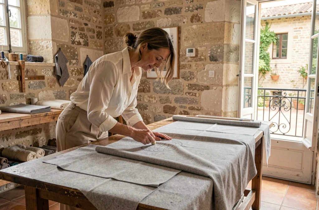 Couturière traçant un patron à la craie sur du tissu gris dans un atelier lumineux d'Aix-en-Provence