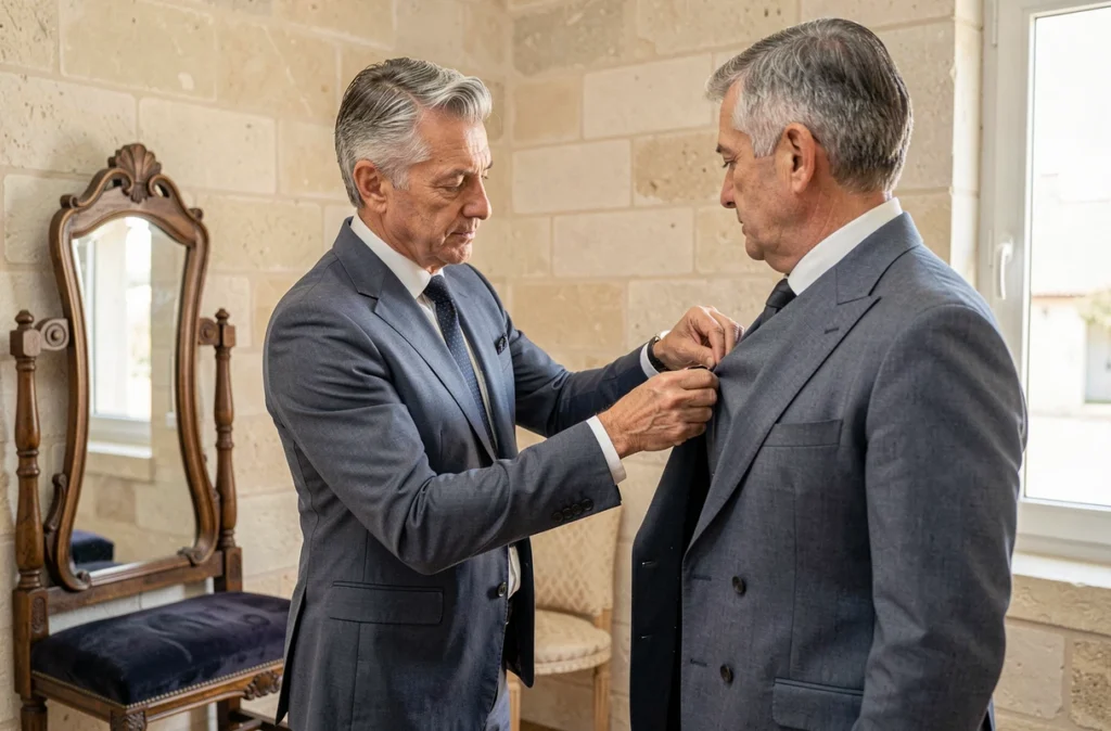 Tailleur en costume bleu ardoise ajustant un veston sur un client dans un salon d'essayage raffiné d'Aix-en-Provence
