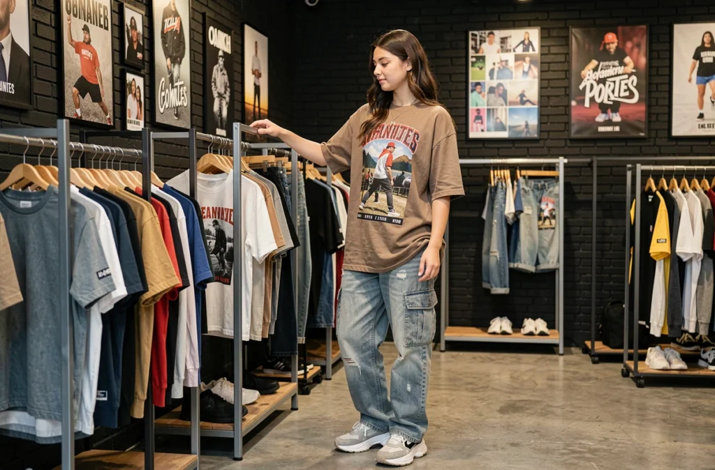 Jeune femme parcourant des vêtements streetwear dans la boutique La Station à Nantes