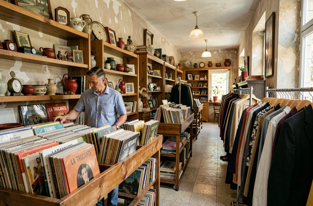 Homme feuilletant des vinyles et objets rétro dans la boutique La Trocante à Nîmes