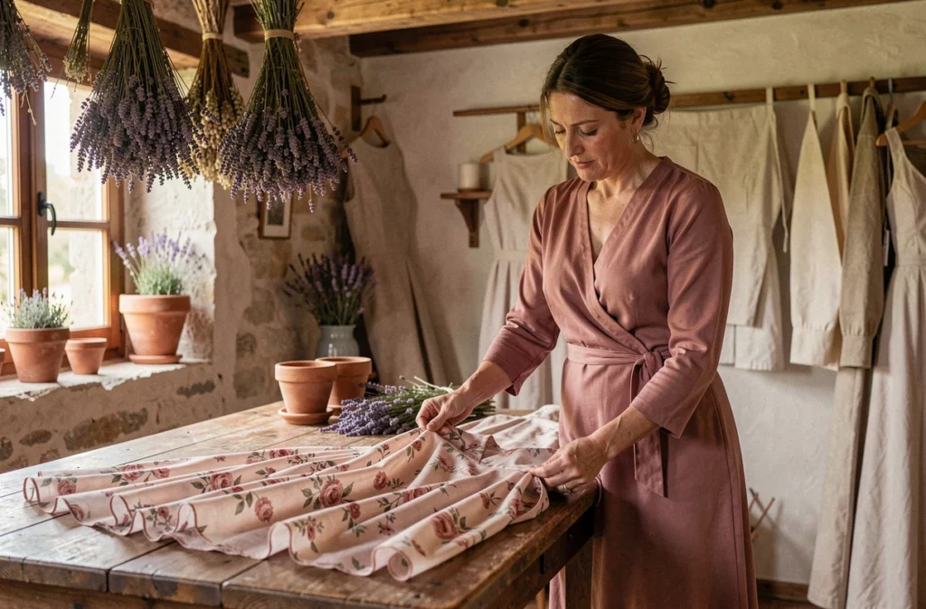 Modiste en robe rose travaillant à la main sur une mousseline fleurie dans son atelier de campagne à Fuveau