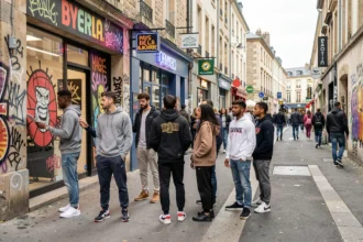 Scène de rue animée dans une ville des Pays de la Loire avec des jeunes en tenue streetwear devant des boutiques urbaines