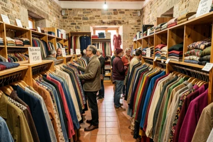 Intérieur animé d'une friperie dans le Gard avec des portants colorés et des clients qui fouillent les vêtements de seconde main