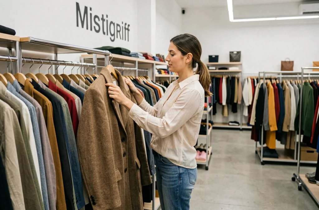 Femme inspectant un manteau vintage sur un portant dans la boutique Mistigriff à Nîmes