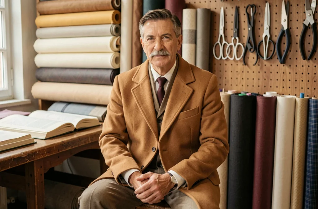 Tailleur distingué en manteau camel assis dans son atelier marseillais entouré de patrons et de tissus italiens
