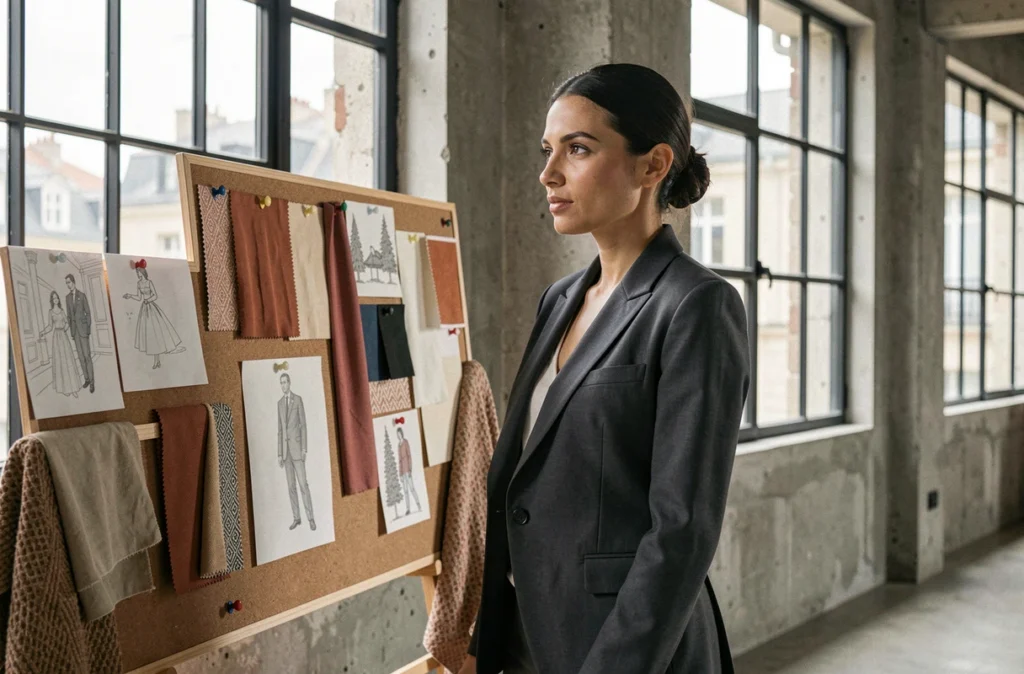 Créatrice de mode devant son moodboard de créations couture dans un studio contemporain de Marseille