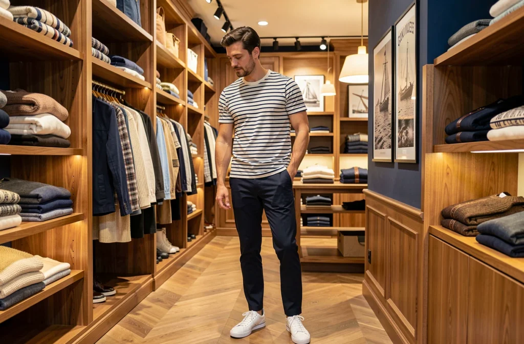 Homme en marinière classique explorant la collection héritage français et style urbain de la Saint James Boutique à Nantes