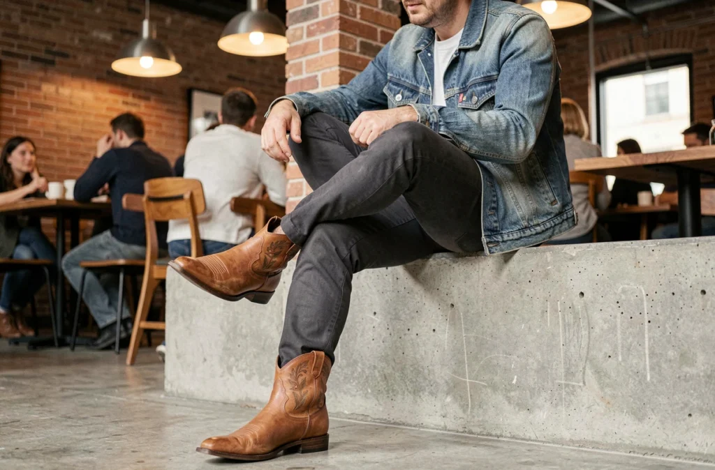 Homme assis dans un café industriel portant des santiags cognac avec détails brodés, style urbain décontracté et moderne