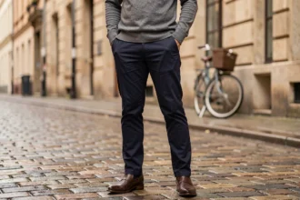 Homme en chinos marine et santiags marron foncé dans une rue pavée urbaine européenne, style western discret et tendance ville