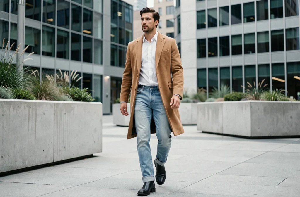 Homme en manteau camel et santiags noires marchant dans un quartier moderne, look urbain élégant avec bottines western minimalistes