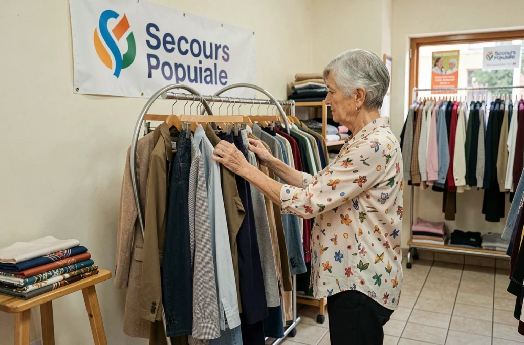 Cliente du Secours Populaire parcourant les vêtements sur un portant circulaire dans la friperie de Nîmes