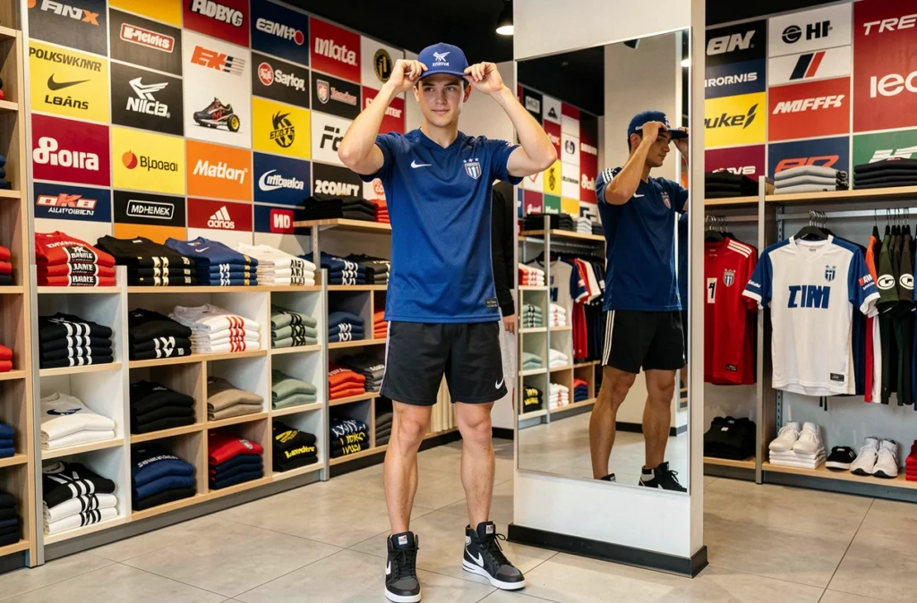 Jeune homme essayant une casquette dans la boutique Top Team spécialisée streetwear et sportswear au Mans