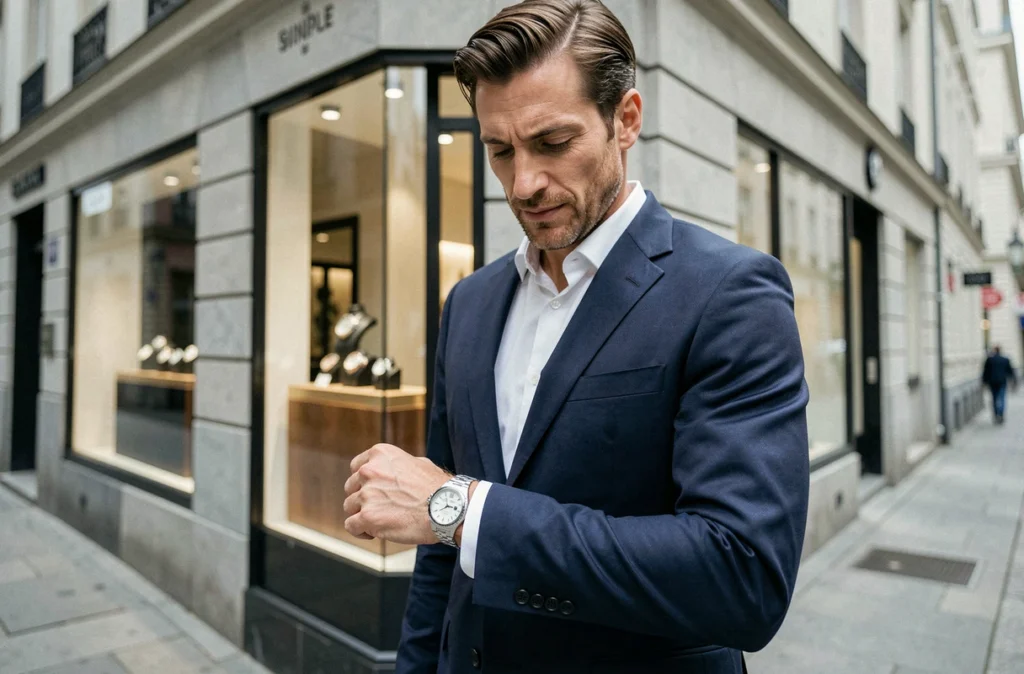 Homme en costume marine consultant sa Rolex Datejust 36 devant une boutique de montres de luxe en ville