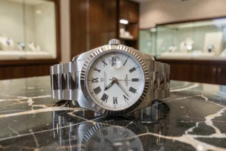 Rolex Datejust 36 en acier sur marbre noir dans une boutique de luxe, vue macro du cadran et du bracelet jubilee